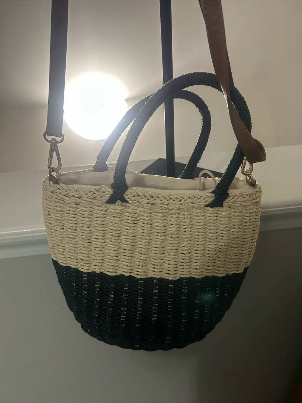 Marabelle Woven Two-Tone Black & Cream Straw bucket Tote Bag